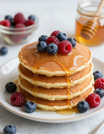 Stack of pancakes with fresh berries and maple syrup, vertical, closeupの写真素材