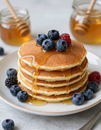 Pancakes with fresh berries, honey and maple syrup, square