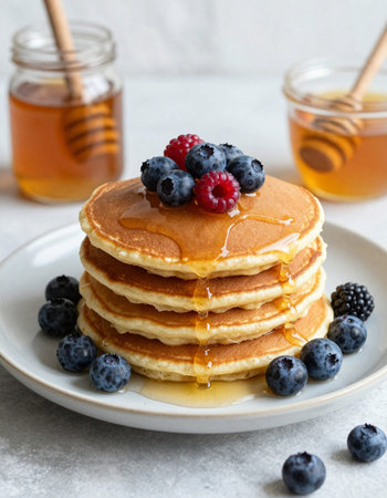 Stack of pancakes with fresh blueberries and maple syrup, selective focus