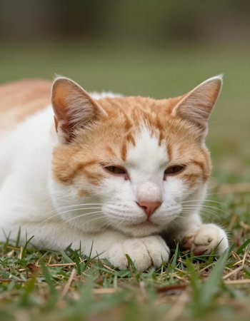 Orange and white cat lying on the green grass in the garden.