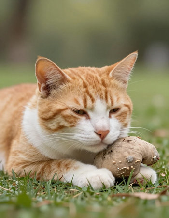 ginger cat on the grassの写真素材