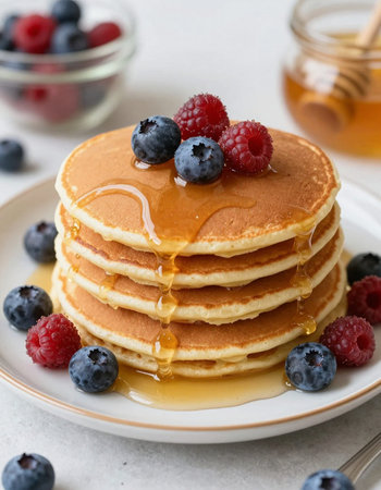Pancakes with fresh berries and maple syrup, vertical, closeup