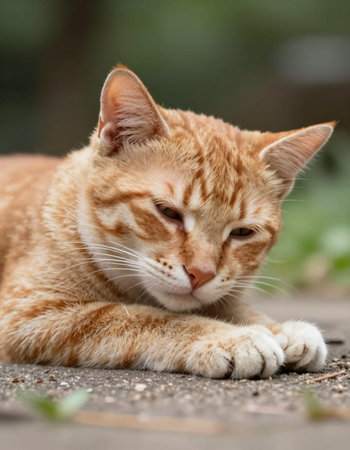 Ginger cat lying on the ground in the garden.の写真素材