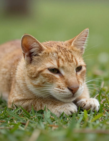 ginger cat on the green grass in the garden, Thailand.