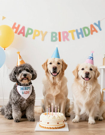 Cute dogs with birthday cake in room decorated with balloonsの写真素材