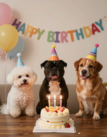 birthday party with a group of dogs and a cake with candlesの写真素材