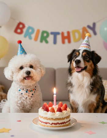 Two dogs and a birthday cake with a candle in the form of letters.の写真素材