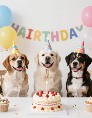 birthday party with cute dogs and cake on a white background.の写真素材