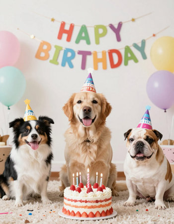 Happy birthday with three cute dogs and a cake on a light backgroundの写真素材