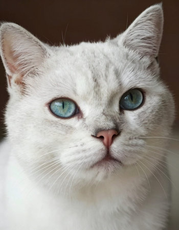 Portrait of a white cat with blue eyes on a brown backgroundの写真素材