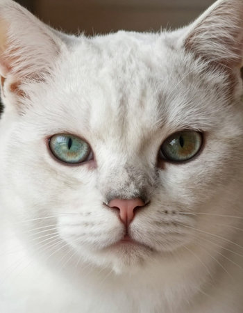 close up of a white cat with green eyes looking at the cameraの写真素材