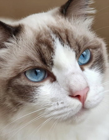 Close up of a cat with blue eyes looking at the camera.の写真素材