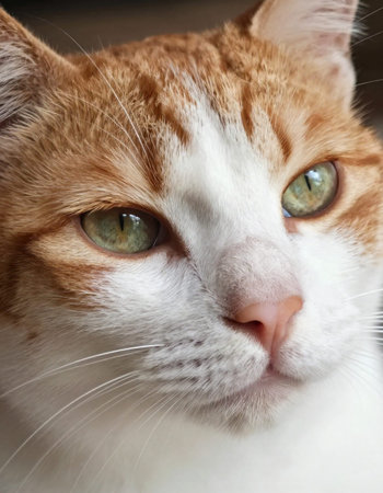 Close up portrait of a red cat with green eyes looking at the cameraの写真素材