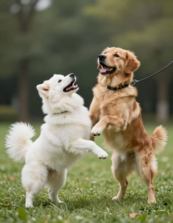 Two dogs playing in the park. Golden Retriever and Samoyedの写真素材