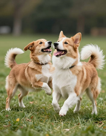 Two cute welsh corgi dogs running together in the park.の写真素材