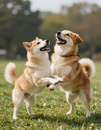 Two dogs playing together in the park.の写真素材