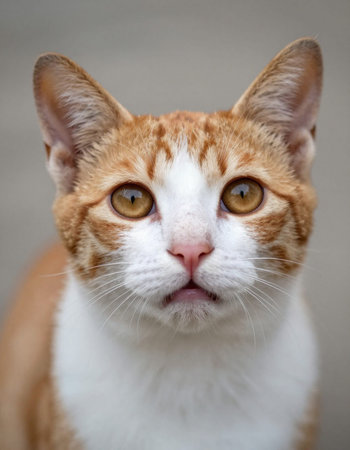 Portrait of a red cat with yellow eyes on a gray backgroundの写真素材