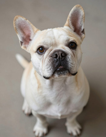French bulldog sitting on the floor, looking at the camera.の写真素材