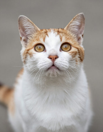 Portrait of a red and white cat on a gray background.の写真素材