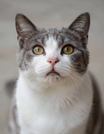 Portrait of a gray and white cat looking at the camera.の写真素材