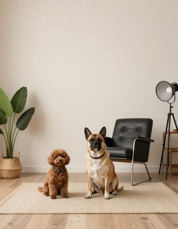 Cute dog and poodle sitting on the floorの写真素材