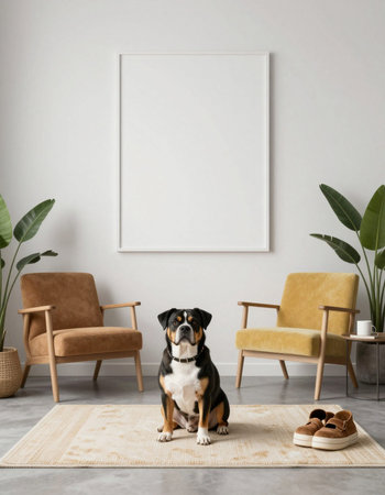 Mock up poster frame in living room interior with dog. 3D renderingの写真素材