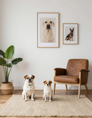Two dogs sitting on a rug in front of a white wall with posters.の写真素材
