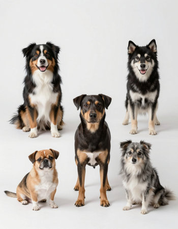 Group of dogs in front of a white backgroundの写真素材
