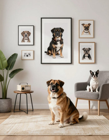Cute dogs and posters on wall in living room. Interior designの写真素材
