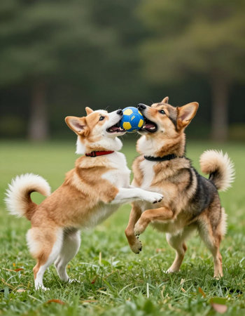 Two welsh corgi dogs playing with a ball in the parkの写真素材