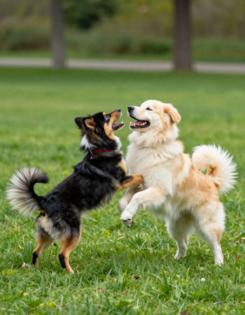 Two dogs playing in the green grass of a park.の写真素材