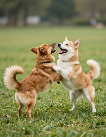 Two dogs playing together in the park on a sunny day.の写真素材