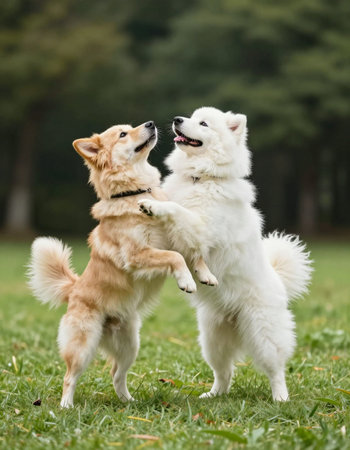 Two dogs playing together in the park on a sunny day.の写真素材