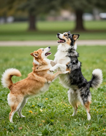 Two dogs playing with each other in the parkの写真素材