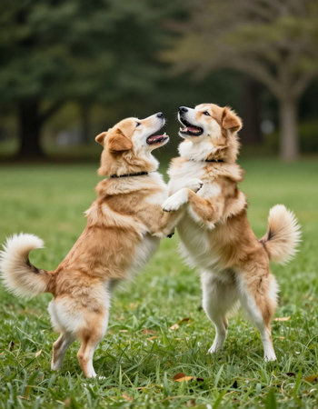 Two happy dogs playing together in the park. Concept of friendly family.の写真素材