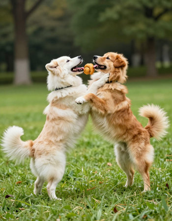 Two happy dogs playing in the park. Golden Retriever and Welsh Corgiの写真素材