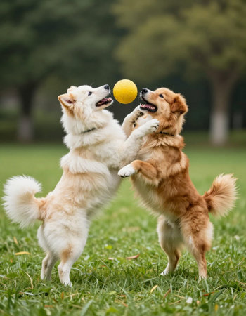Two dogs playing with a ball in the park.の写真素材