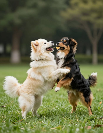 Two dogs playing together in the park. Selective focus.の写真素材