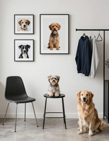 Adorable dogs in room with posters on wall, interior design conceptの写真素材