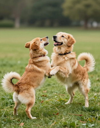 Two golden retriever dogs playing in the park on a sunny day.の写真素材