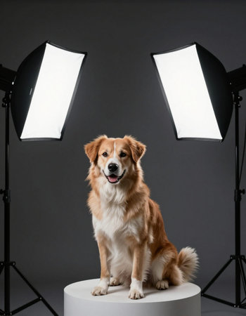 Studio portrait of cute dog sitting in front of two spotlightsの写真素材