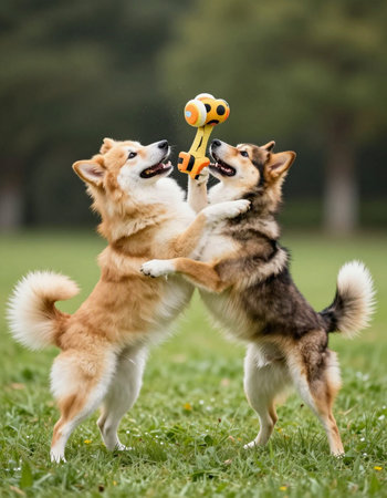 Two dogs playing with a toy in the park.の写真素材