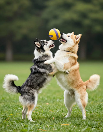 Two dogs playing with a ball in the parkの写真素材