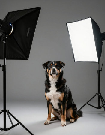 Bernese Mountain Dog sitting in front of a studio lighting equipmentの写真素材