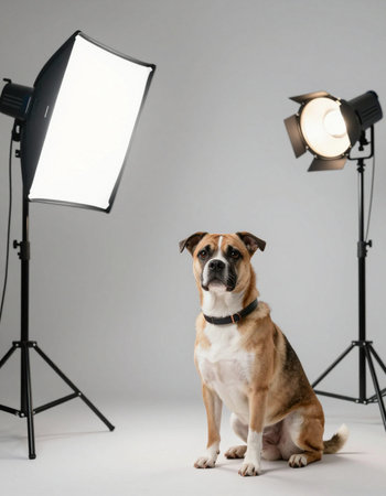 Studio shot of an adorable mixed breed dog sitting in front of a studio light.の写真素材