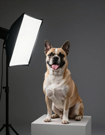 Studio portrait of a french bulldog sitting in front of grey backgroundの写真素材