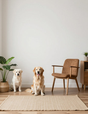 Golden Retriever dogs sitting on the floor in living room.の写真素材