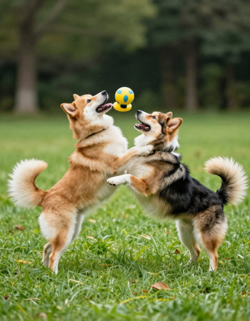 Two Welsh Corgi dogs playing with a ball in the parkの写真素材