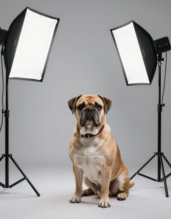 Studio shot of a cute bulldog sitting in front of a professional studio lighting equipment.の写真素材