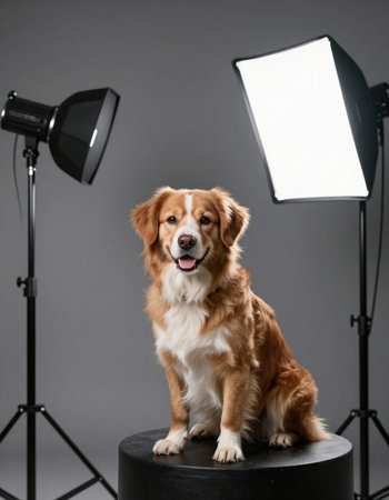 Studio portrait of cute dog on grey background with professional lighting equipment.の写真素材